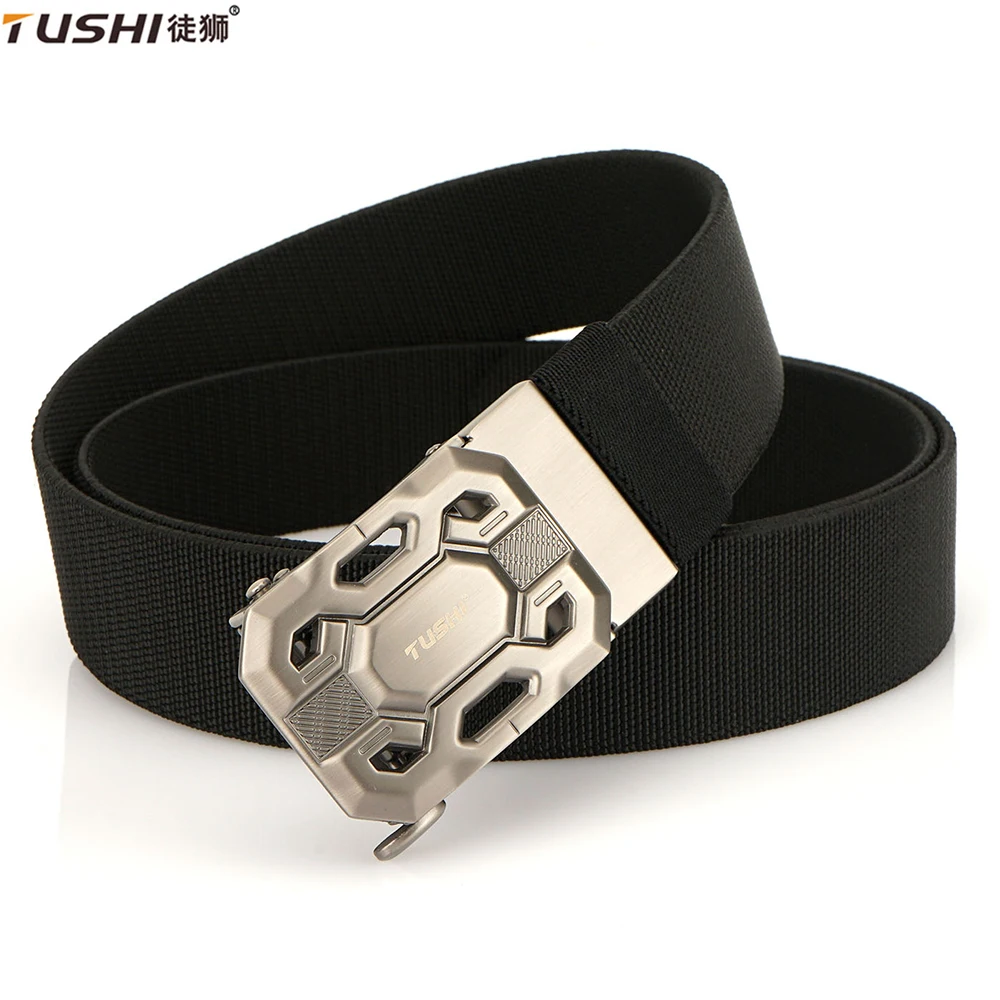 

TUSHI New Golf Sports Elastic Belt Tactical Belt Metal Automatic Buckle Tough Stretch Nylon Men Military Belt Big Size Belts