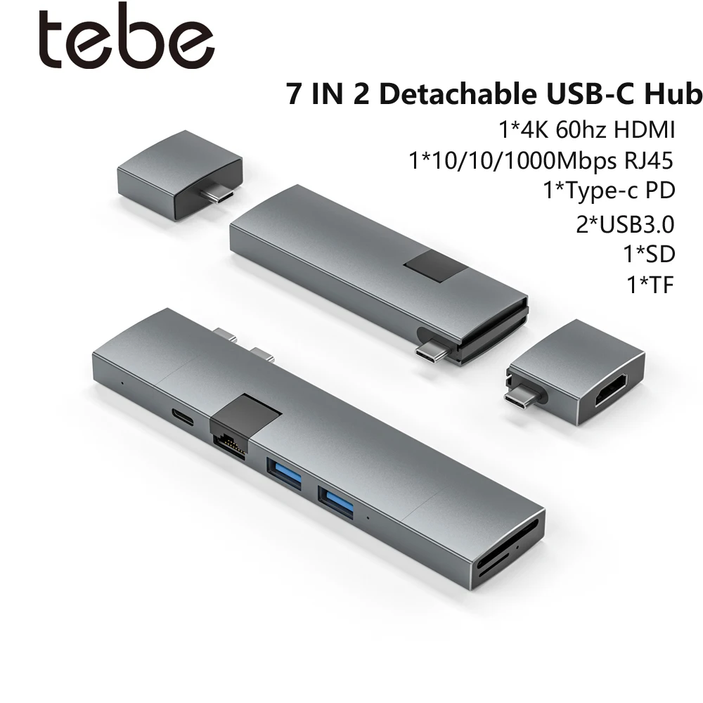 

Tebe 7 IN 2 Detachable USBC Hub Type-c to 4K 60HZ HDMI-adapte Gigabit RJ45 Ethernet Multi USB 3.0 SD/TF Splitter for Macbook Pro
