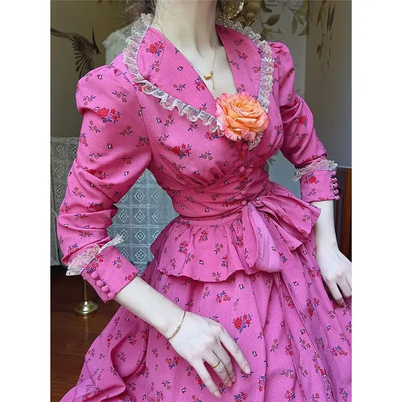 Rose Red Flower Autumn Long Sleeve French Vintage Dress V-neck Waist Cinched Slimming Ruffle Large Swing Long Dress for Women