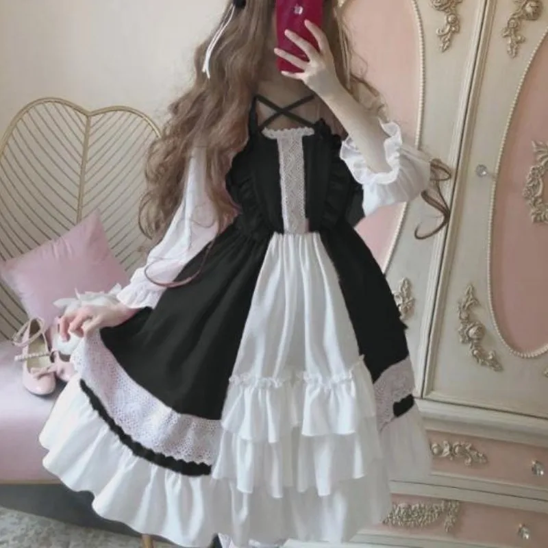 Japanese Soft Girl Lolita Summer 2024 Square Collar Patchwork Bow Lace Ruffles Fashion Elegance Casual Long Sleeved Dresses