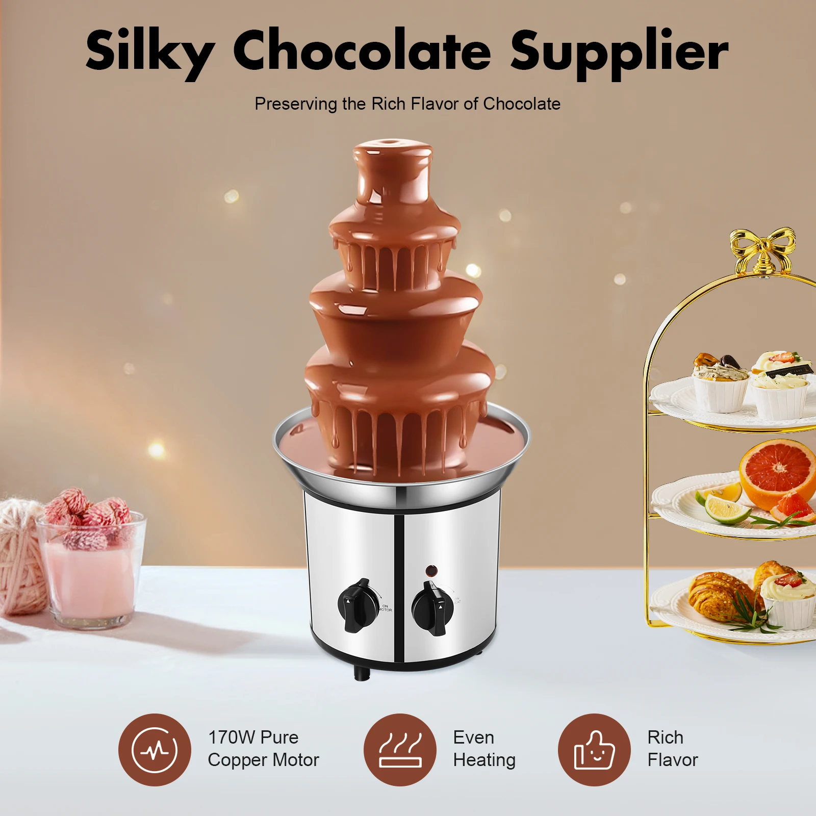 

4 Tier Electric Chocolate Melting Fountain Machine 110V/60 Hz 70W Stainless Steel Chocolate Fountain