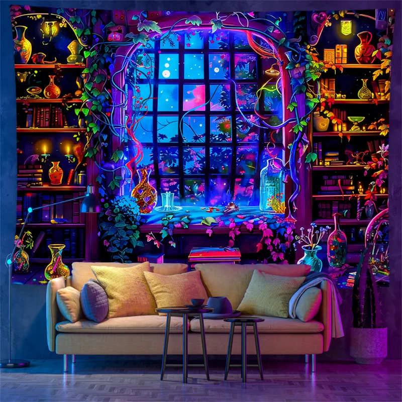 VIKAMA Psychedelic Witch Style Magic Library Tapestry, Fluorescent Uv Reaction Wall Hanging Room Home Decoration