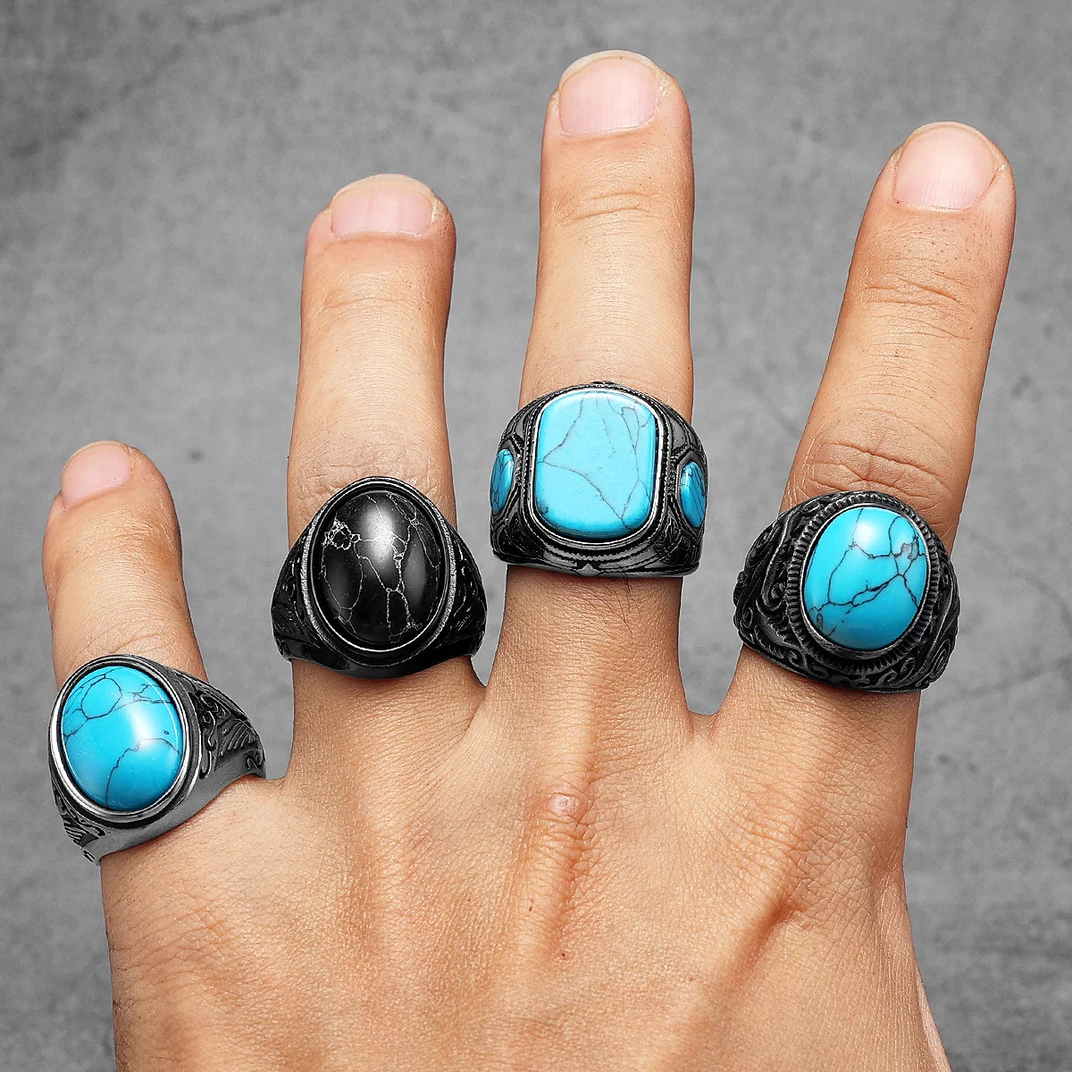 Black Turquoise Carved Men Rings Stainless Steel Women Jewelry Vintage Punk Rock Cool Stuff Fashion Accessories Gift Wholesale