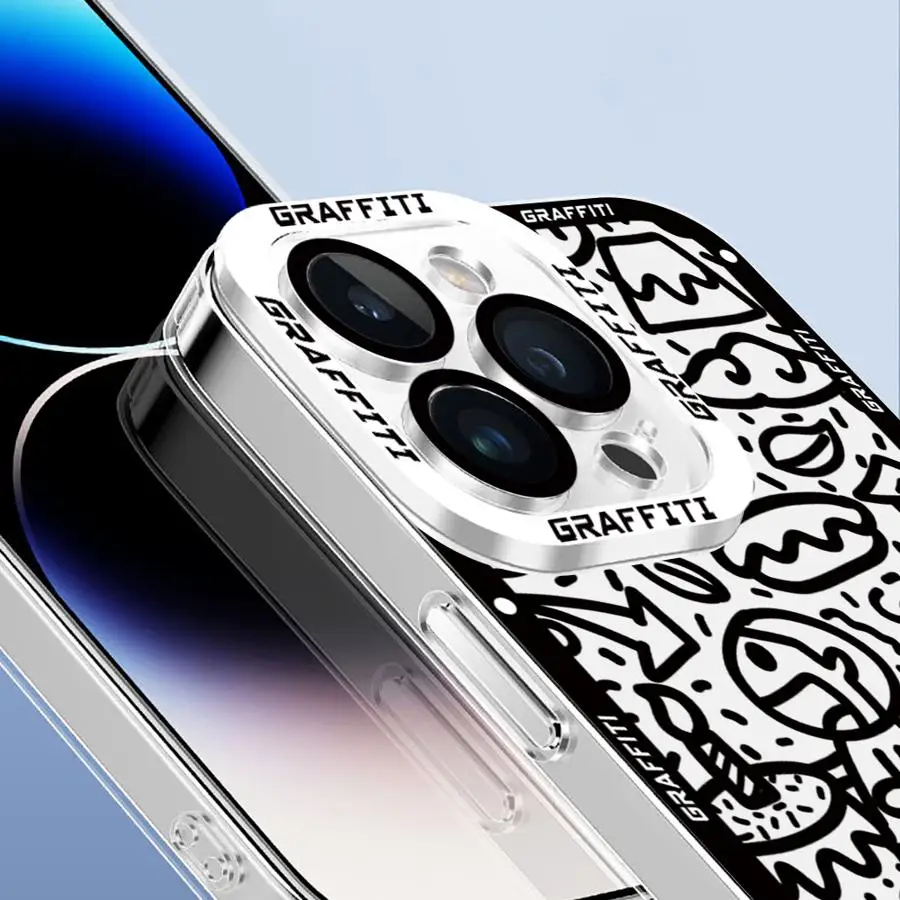 حافظة لهاتف آيفون 16e XR XS 13 12 11 Pro MAX 16 15 14 Plus 7 8 Graffiti باللون الأسود الفاخر