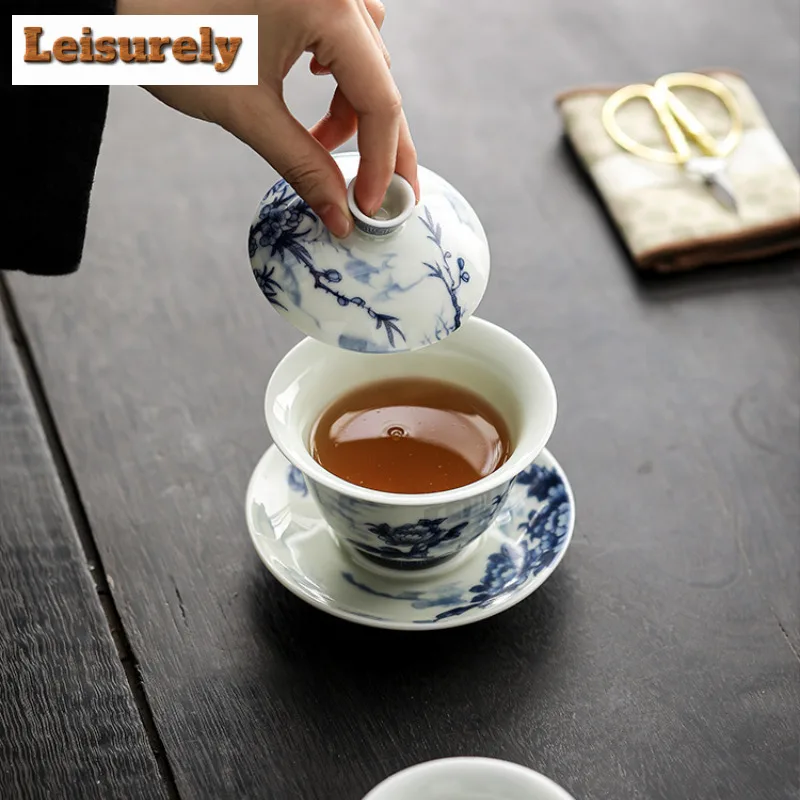 150ML Antique Blue And White Porcelain Gaiwan Retro Ink Flower And Bird Tea Tureen Tea Making Cover Bowl Tea Services Craft Gift