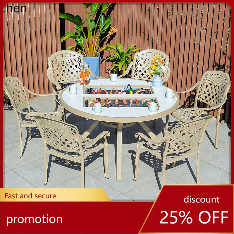 

HXL Outdoor BBQ Table and Chairs Aluminum Alloy Round Table Outdoor BBQ Table and Chairs