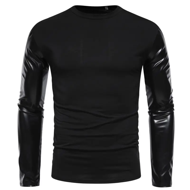 Men‘s Leather Sleeve T-Shirts Casual O Neck Patchwork Long Sleeve Top Tees