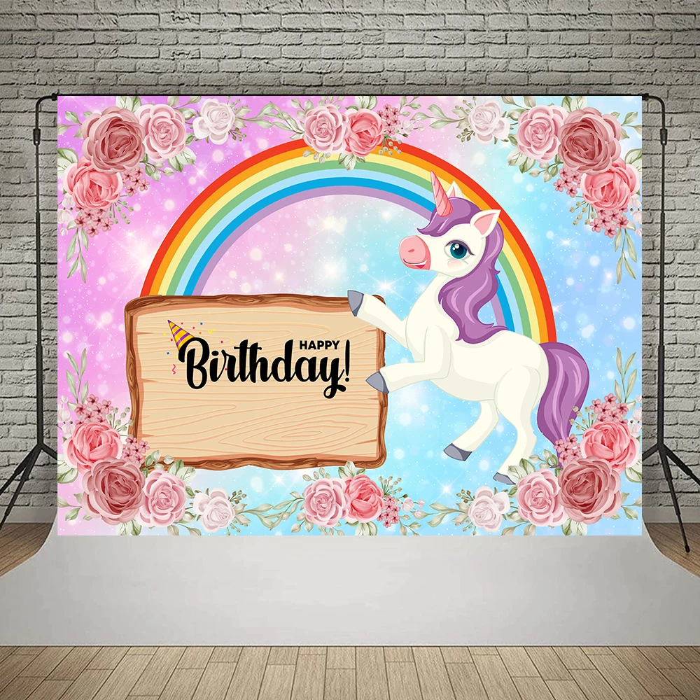 Cầu Vồng Kỳ Lân Banner Happy Birthday Trang Trí Phông Nền Sơ Sinh Gái Chụp Ảnh Em Bé Hình Nền Phòng Thu Photocall