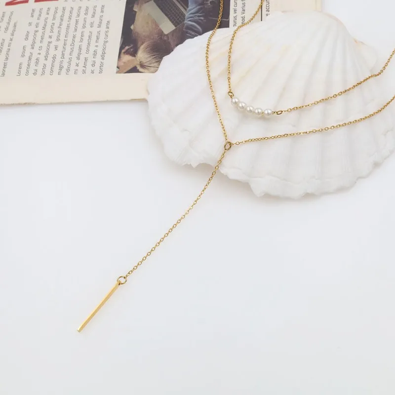 Ins Style Fashion Simple Double Layer Tassel Pearl Necklace Women's 18k Gold Titanium Steel Collarbone Chain Exquisite