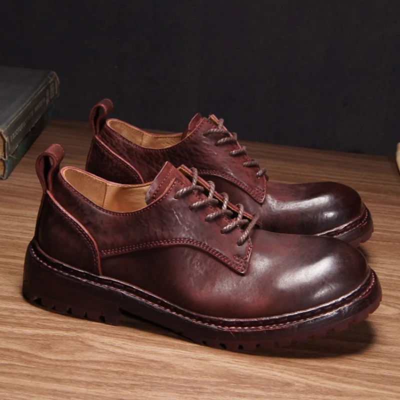 

Сшитые вручную примитивные модельные туфли Goodyear из кожи лошади, мужские туфли дерби винно-красного цвета, удобная дышащая повседневная обувь в стиле ретро