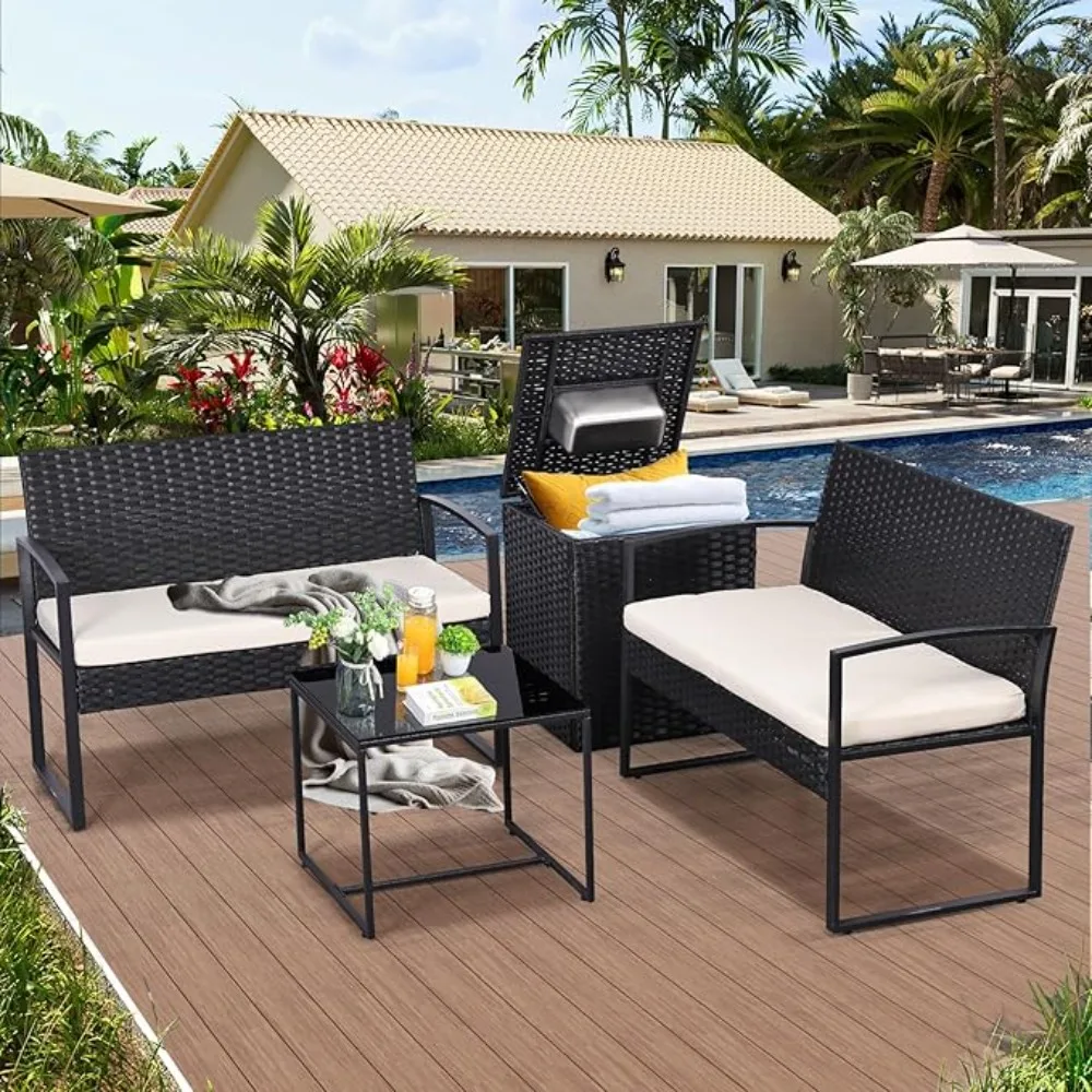 

Outdoor Patio Furniture Set w/Built-in Beverage Cooler Storage Box & Coffee Table for Outside for Balcony, Porch, Furniture Sets