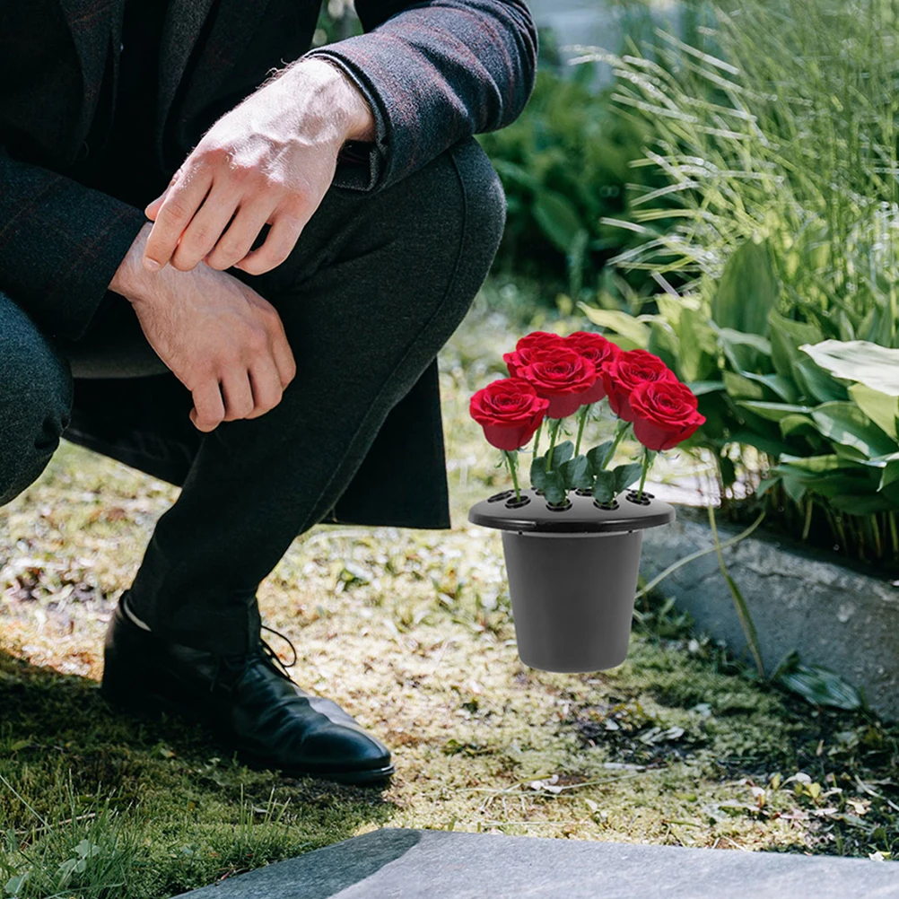 

2 pcs 16-Hole Black Plastic Holder Grave Insert For Memorial Graves Decor Tombstone Floral Arrangement Grave Marker Graveyard