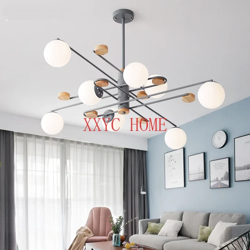 Nordic Glass Ball LED Chandelier modern Creative Living Dining Room  Bedroom Chandeliers Metal Wooden Hanging Lamps Deco Fixture