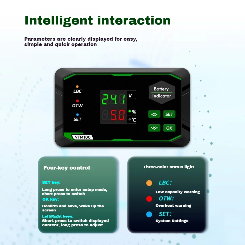 

Voltage Power Indicator VTM100 Digital Display Voltmeter Battery Tester DC7-100V for Ternary/Lithium Iron/Acid Batteries