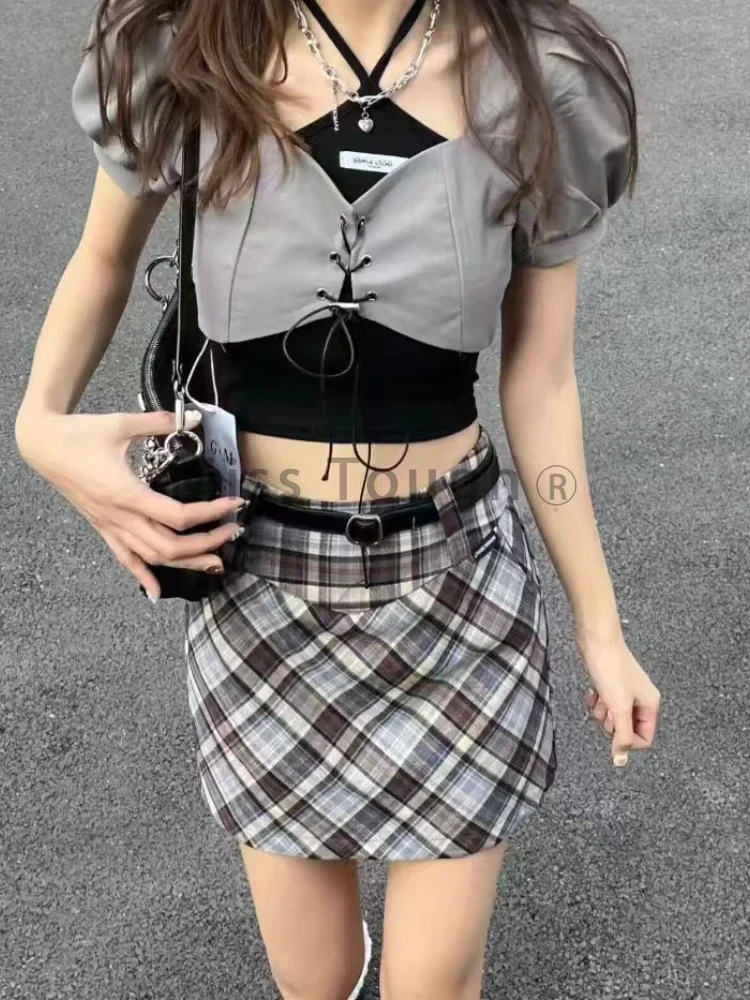 Autumn Aesthetic Vintage Loose 2-piece Set Women Casual Chic Stand Collar Long Sleeve Coat + High Waist Plaid Thin Short Skirt