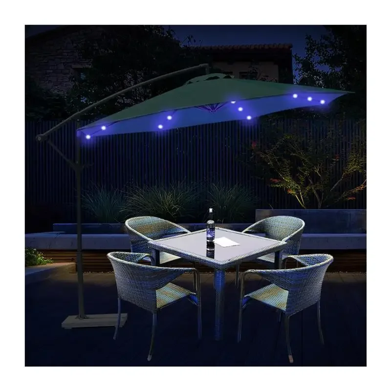 

Garden outdoor tables and chairs, umbrella with light shade, solar energy, folding