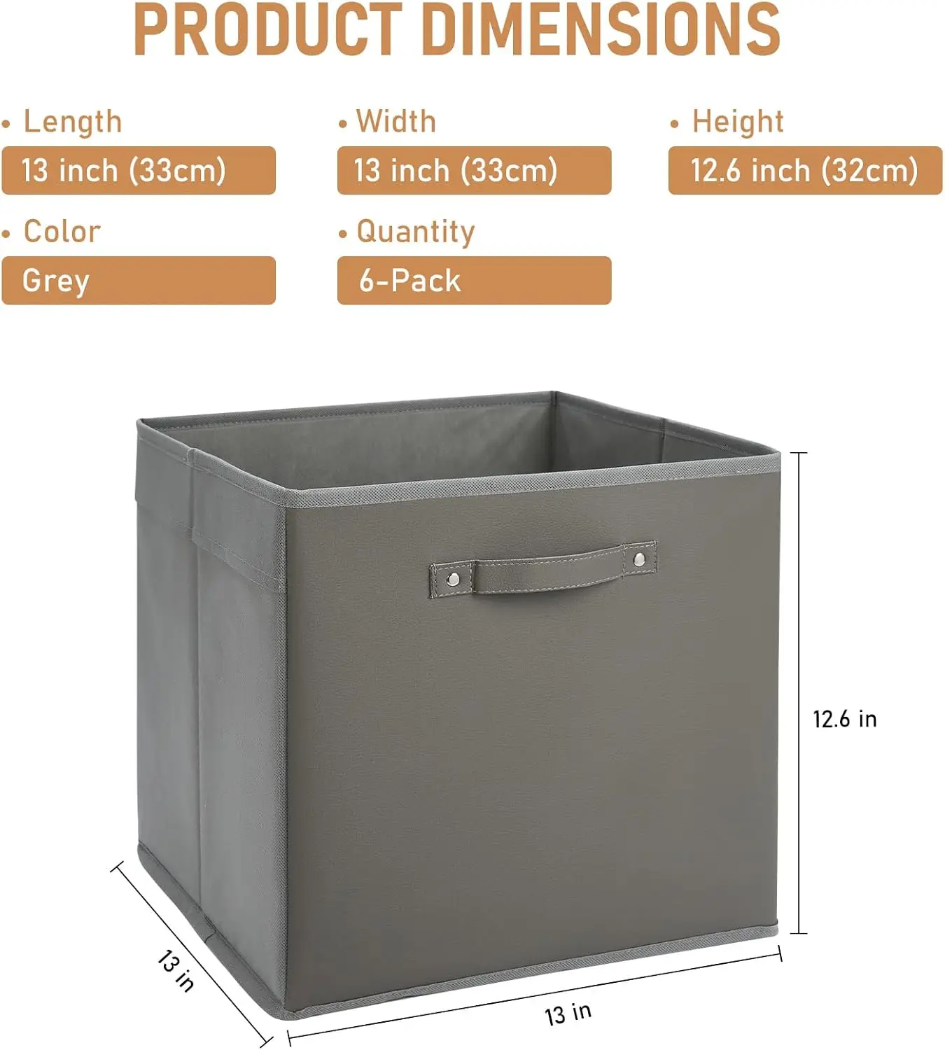 6-Pack 13 Inch Fabric Large Household Storage Box with Faux Leather Handles Foldable Storage Organizer Box for Shelves and Closet, Collapsible Storage Boxes for Clothes Toys