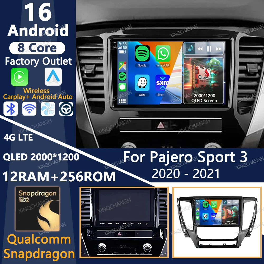 Android 16 Car Radio For Mitsubishi Pajero Sport 3 2020 - 2021 Carplay Auto QLED Multimedia Stereo Video Player BT 2DIN 4G WIFI