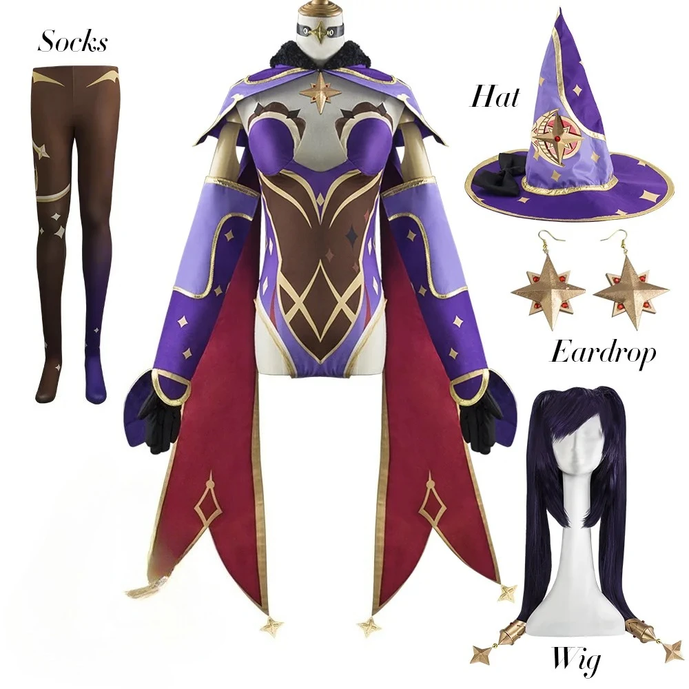 

Genshin Impact Mona Cosplay Game Purple Suit Girl Costume Anime Game Stage Performance Wig Halloween Party Dress