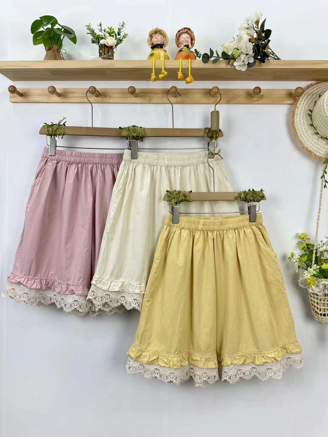 Shorts de bainha de algodão feminino, elástico na cintura, casual, doce, verão