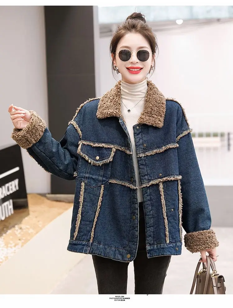 

Denim Coat Belt Fur Plush Womens Autumn Velvet Slim-Fit Regular-Fit Patchwork Biker Daily Office Classical Chic Spliced Jackets