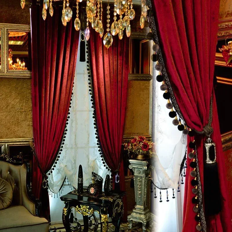 European Thick Solid Color Gray Velvet Curtain for Living Room Bedroom Luxury Drapery Door Bead Curtains Beaded Blackout Custom