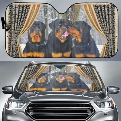 

Funny Rottweilers in Farm Behind Window Curtain Car Sunshade for Rottweiler Lover, Rottweilers in Field Behind Curtain Auto Sun
