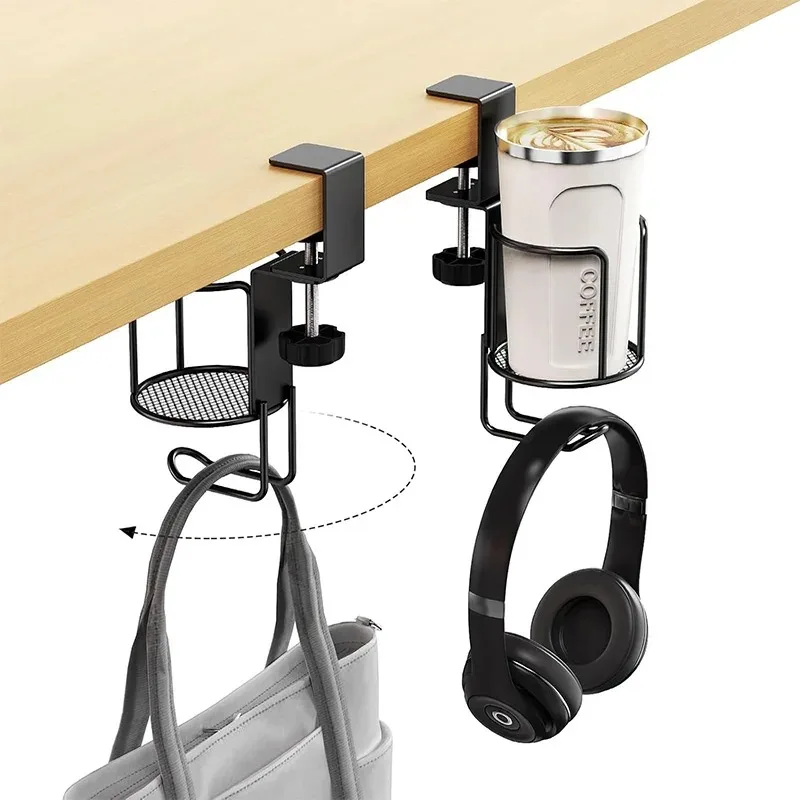 Table Edge Clamp Anti-Fall Cup Holder 2 in 1 No Drill Desk Cup Holder Adjustable Upgraded Arm Clamp Stand 360 Degree Rotating