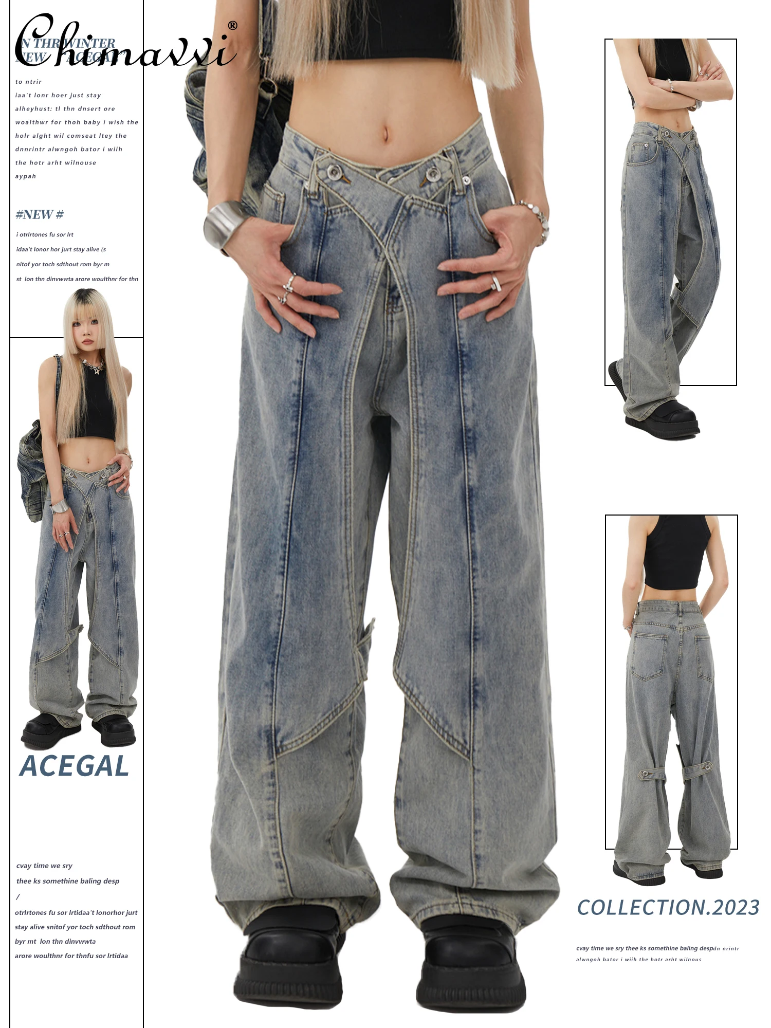 American Retro Heavy Industry Deconstructing Jeans Men's and Women's Mop Wide Leg Pants High Waist Loose-fit Cool Denim Pants