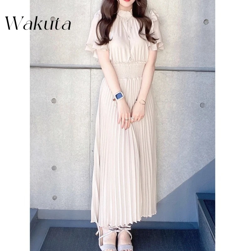 

WAKUTA Japan Sweet Fungus Vestidos High Waist Pleated Dress A-line Dresses Woman Tunic Robe Summer New Ropa De Mujer Streetwear