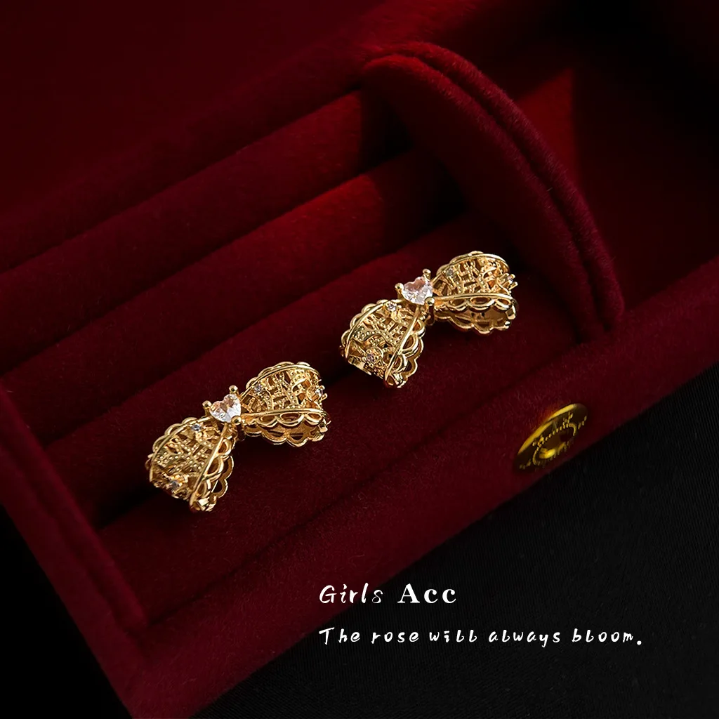 

French Style Bow Earrings 925 Silver Micro Zircon Hollow Lace Earrings Luxury Women Jewelry High Quality Wholesale Accessories