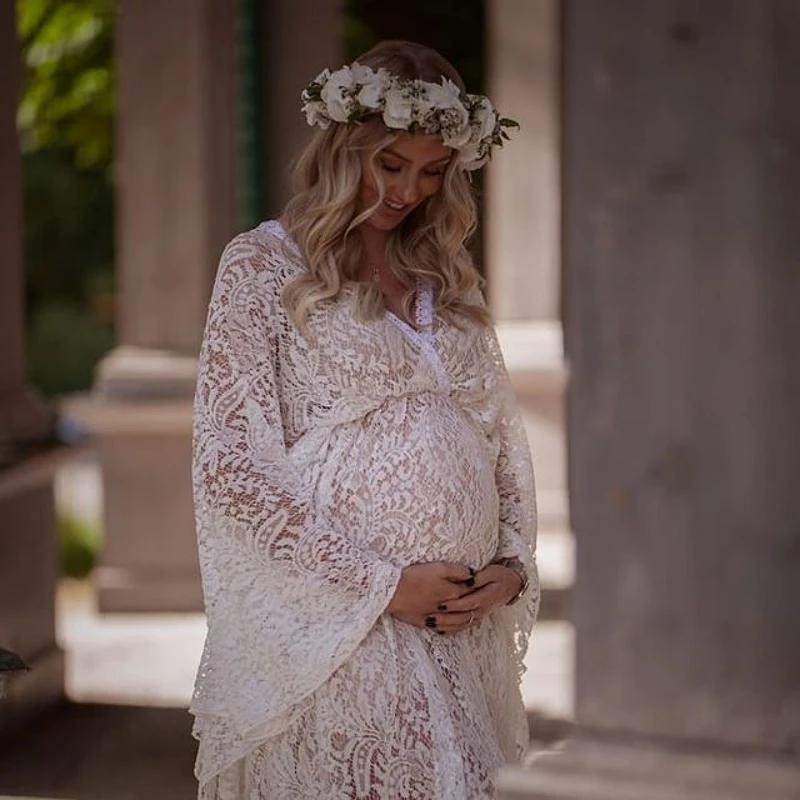 Boho Maternity Lace Dresses For Photo Shoot Pregnant Woman Photography Dress Maternity Photo Shooting Maxi Gown V-neck