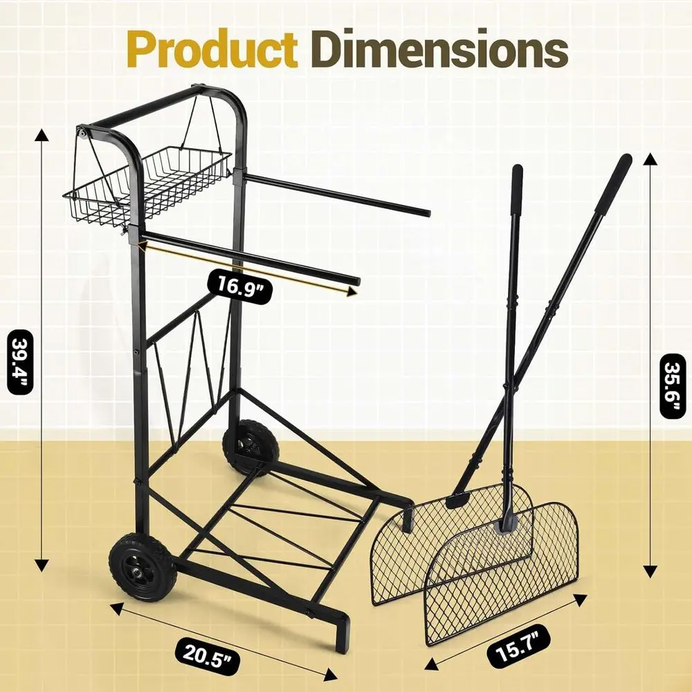 Porta sacchi per rifiuti mobile con cestino portaoggetti e maniglia ergonomica, comodo carrello per sacchi con raccogli foglie e rastrello combinato, adatto