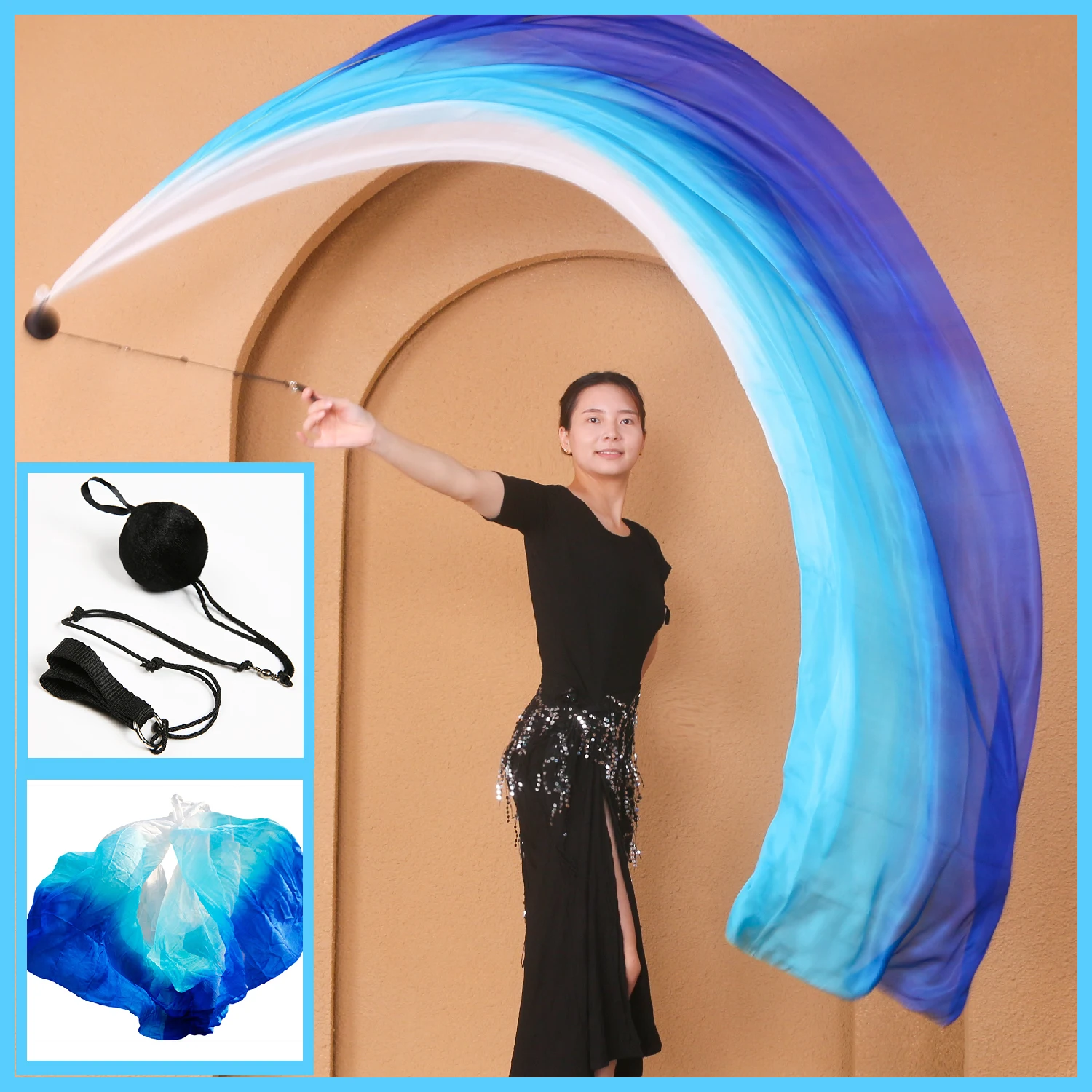 POI Streamer Veil para Belly Dancer, 100% seda real, bolas de lançamento, Stage Performance Props, acessório traje personalizável