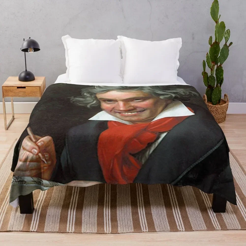 Smiling Ludwig Van Beethoven art famous music composer meme Throw Blanket Elegant Warm Throw Blanket for Hotel Home