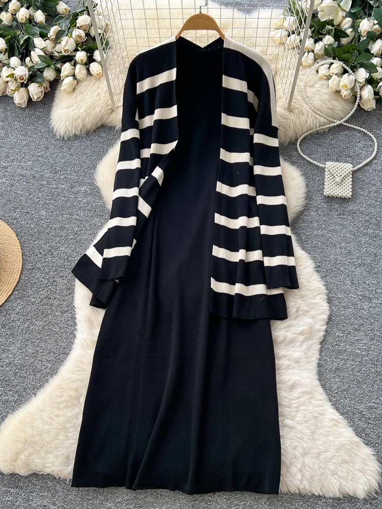 Casual los gebreide Dr en Jaet-set voor dames Svel Long Sve rond Ne Streeppatroon Herfst Winter Faion En...