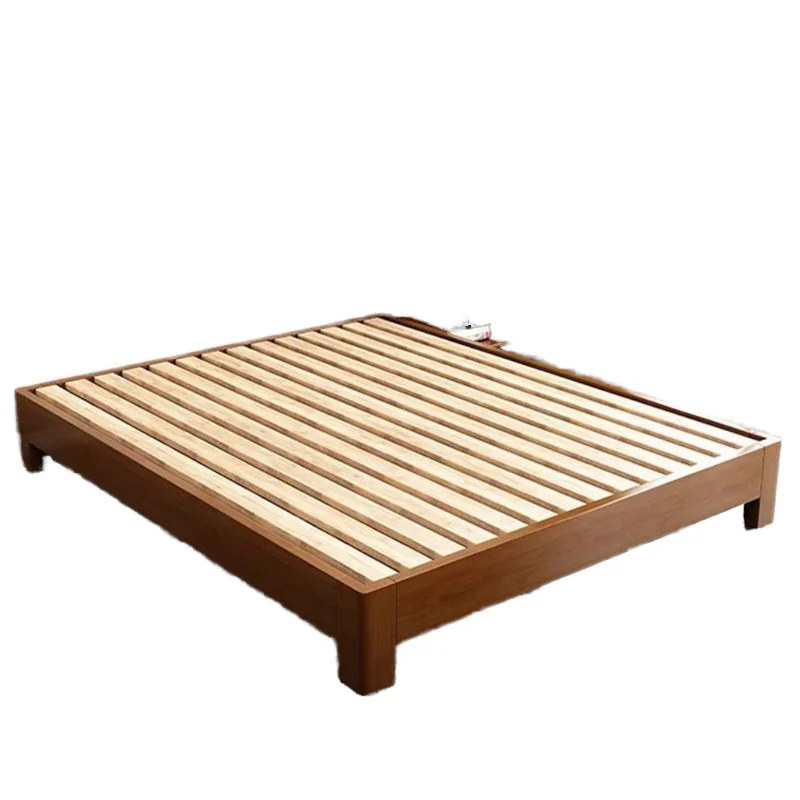 *Modern Single or Double Bed Frame Solid Wood with No Back Row Skeleton Rental Room Suitable Rubber Wood Tatami Bed