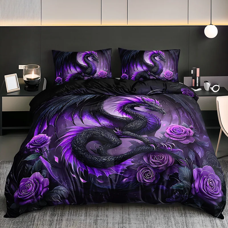 Dark Purple Dragon and Rose Bedding Set Home Dormitory High-Definition Printed Mysterious Romantic Gothic Style Bedroom Decor