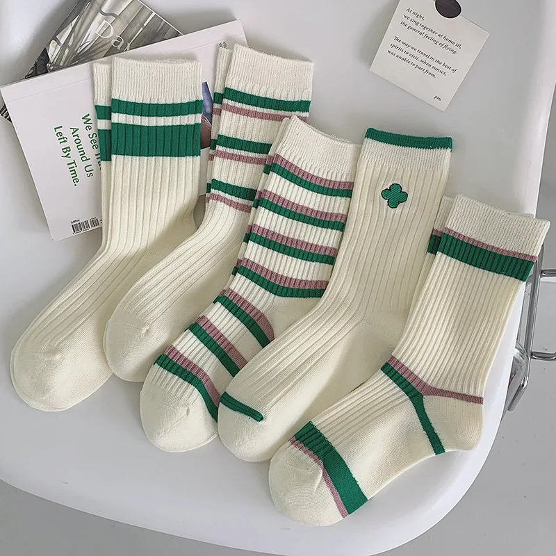 Green Stripe Ins Kawaii Socks Spring Autumn Middle Tube Casual Women Socks Harajuku Ins Breathable Women Socks