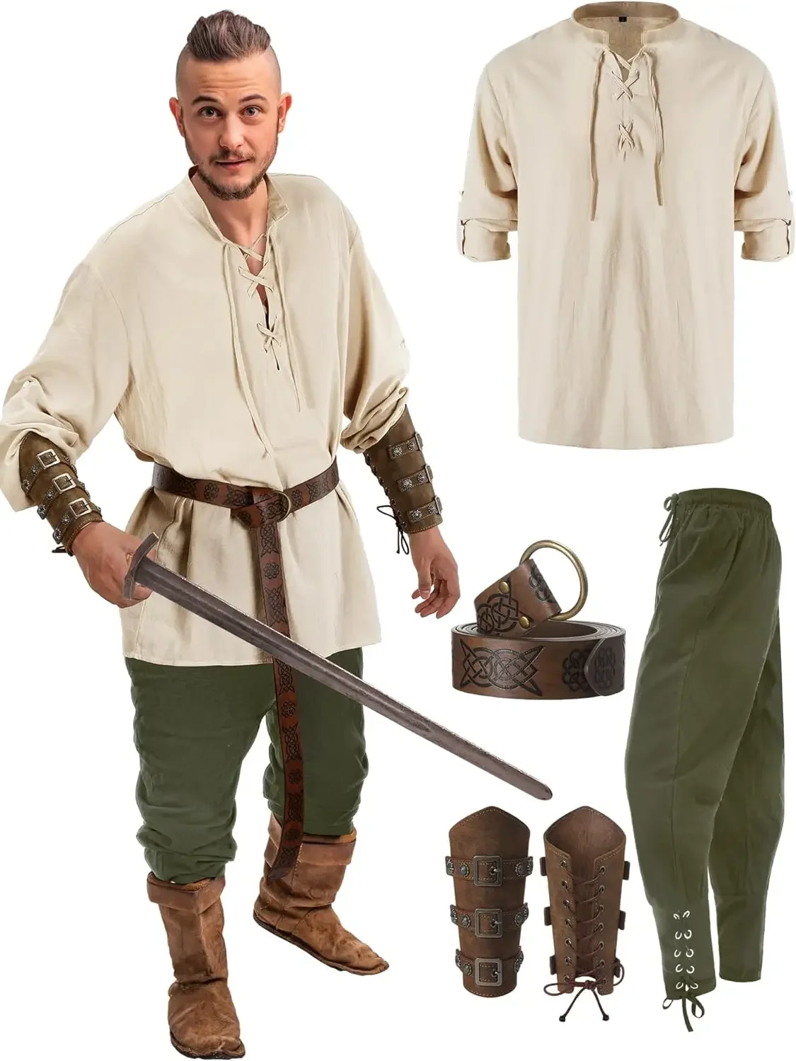 4-delige Halloween heren Renaissance kostuumset middeleeuwse piraat shirt enkel gestreepte broek Viking riemaccessoires