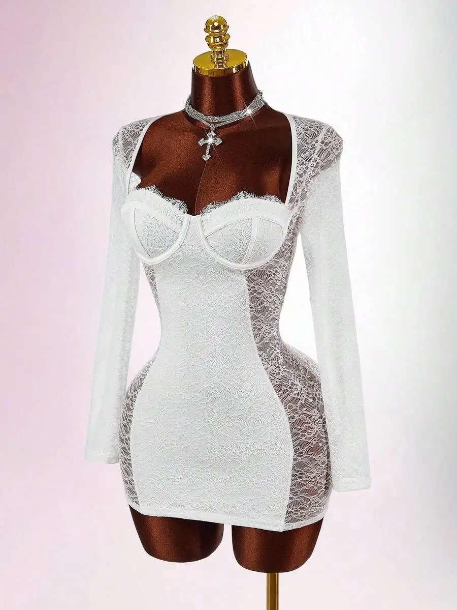 

White Lace Patchwork Sweetheart Neck Long Sleeve Mini Dress