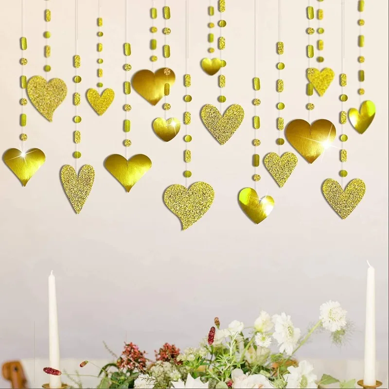 16Pcs Gold Wedding Decorations Heart Garlands Hanging Streamer Banner Valentines Day Anniversary Birthday Party Bunting Supplies