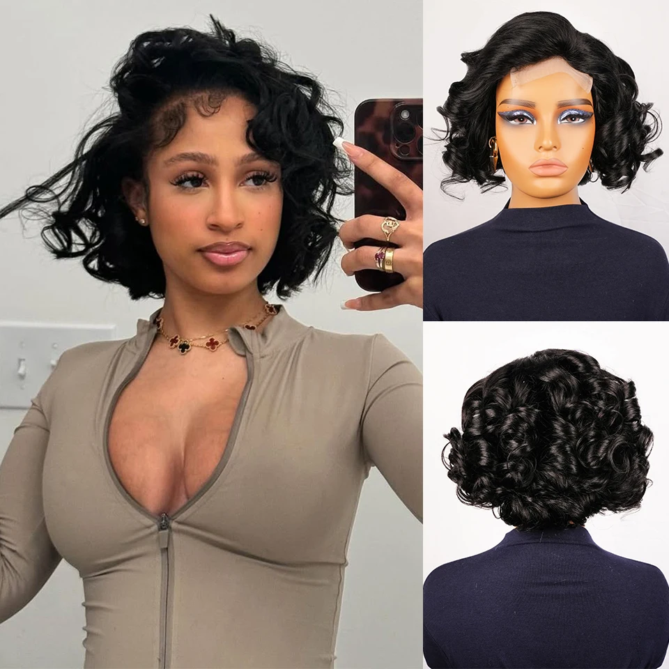 

Черные короткие парики с стрижкой пикси Объемная волна 4x4 Кружевная застежка Бразильские парики из человеческих волос Натуральные реалистичные многослойные волосы для женской одежды