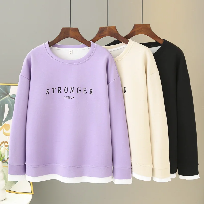 Plus Size Frauen Rundhals Pullover Hoodie Herbst neue lose lässige gefälschte zweiteilige Sweatshirts weibliche Langarm Tops