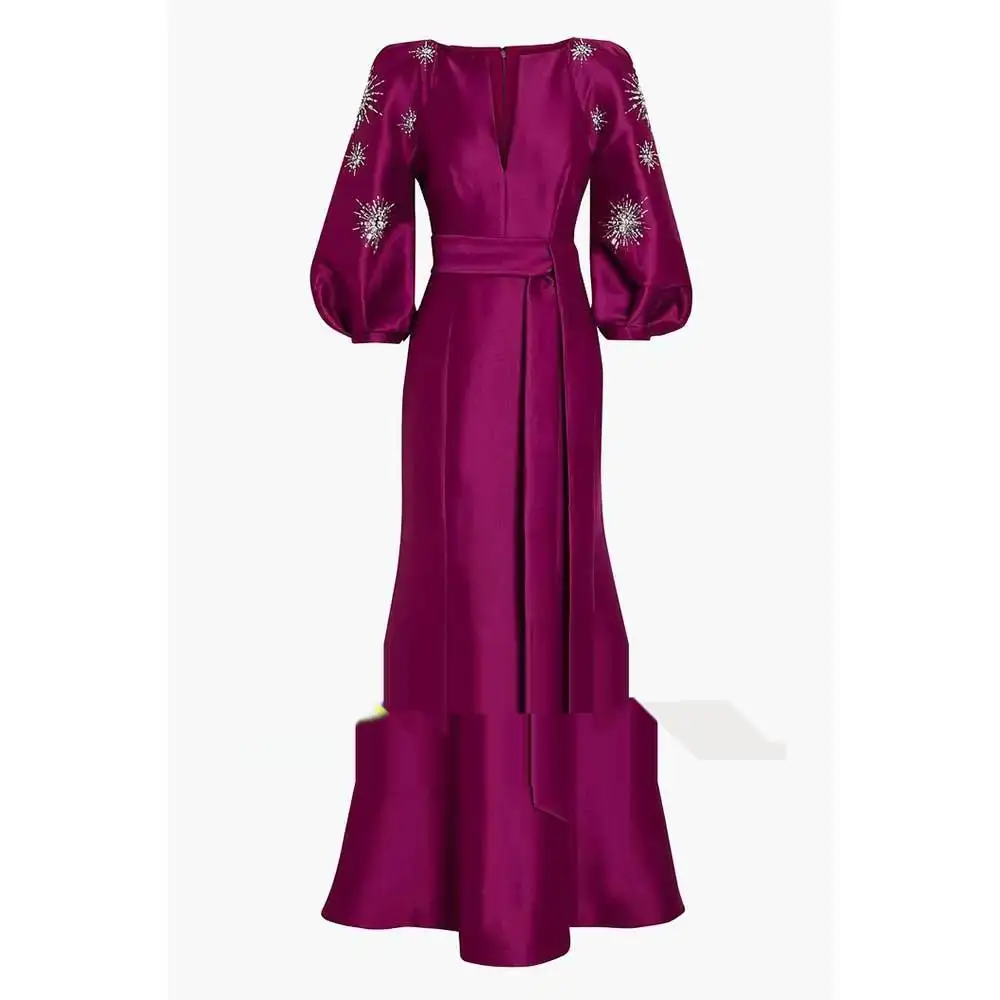 Arabian Burgundy Evening Dress Puff Sleeve Women's Wedding Luxury Dubai Formal Party Dress 2024 Special Occasion Mom Gown