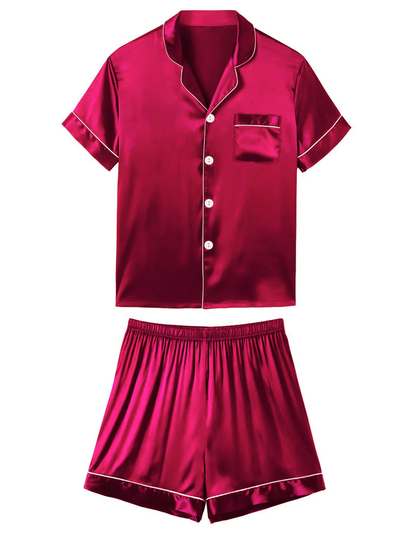 2-teiliges Pyjama-Set aus seidigem Satin für Herren, kurzärmeliges Hemd mit Revers, Brusttasche und Shorts, glatte Haptik, weiche Nachtwäsche, gemütliche Nachthemden – Detail 19