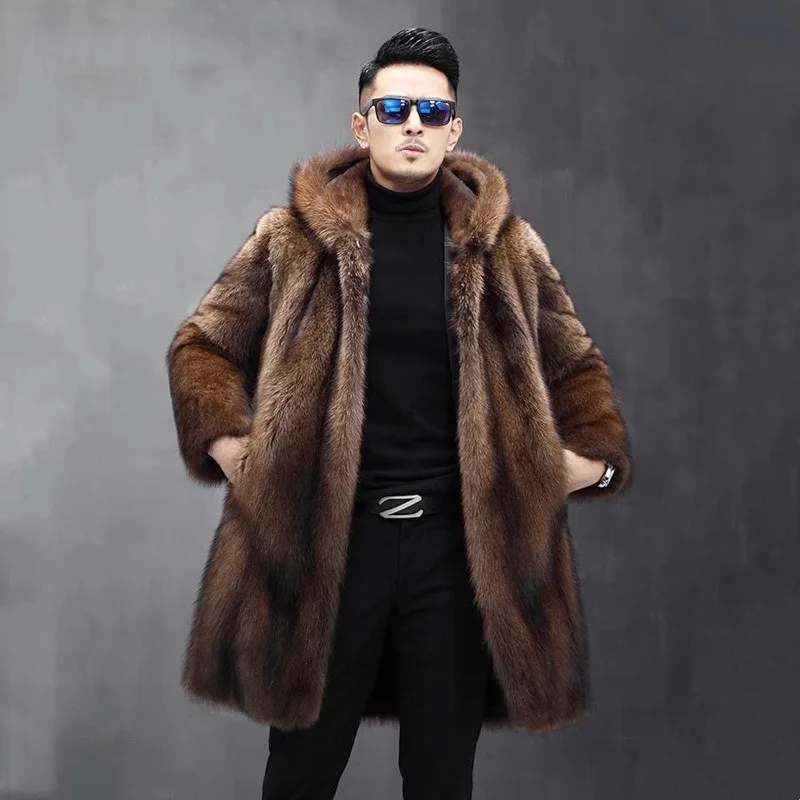 

Men's Clothing Hooded Mink Fur Coat Winter Warm Faux Fur Trench Coat New Whole Mink Long Mink Fur Outerwear Casual Men Clothing