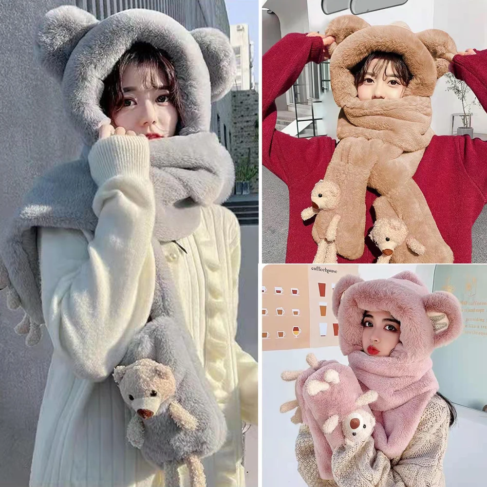 Cute 3-in-1 Plush Hat Scarf Windproof Ear Protection Ear Protection Cap Warm Winter Three-piece Hooded Adults And Children