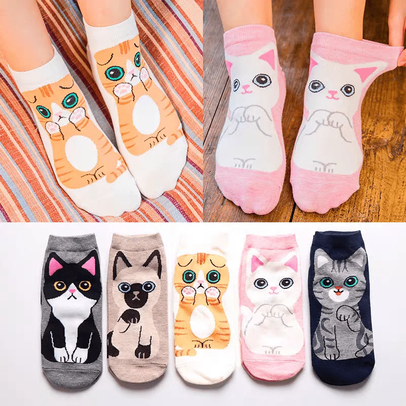 5 Paar Niedliche Cartoon-Katzen Knöchelsocken für Damen und Mädchen, Weiche Atmungsaktive Lässige Kurze Socken mit Tiermuster für den Alltag