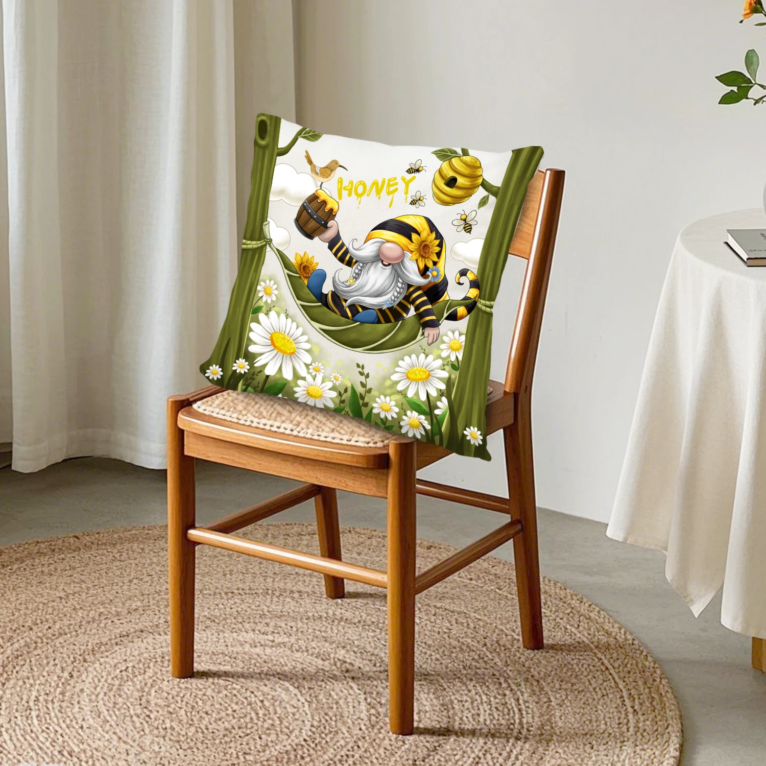 Garden Gnome Honey Bee Linen Cushion Cover Insect Dasiy Wildflower Pillowcase Spring Summer Farmhouse Decor Sofa Bedroom Patio